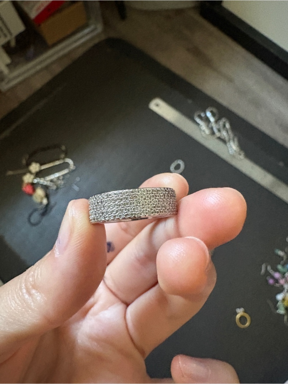 5 row pave ring silver toned